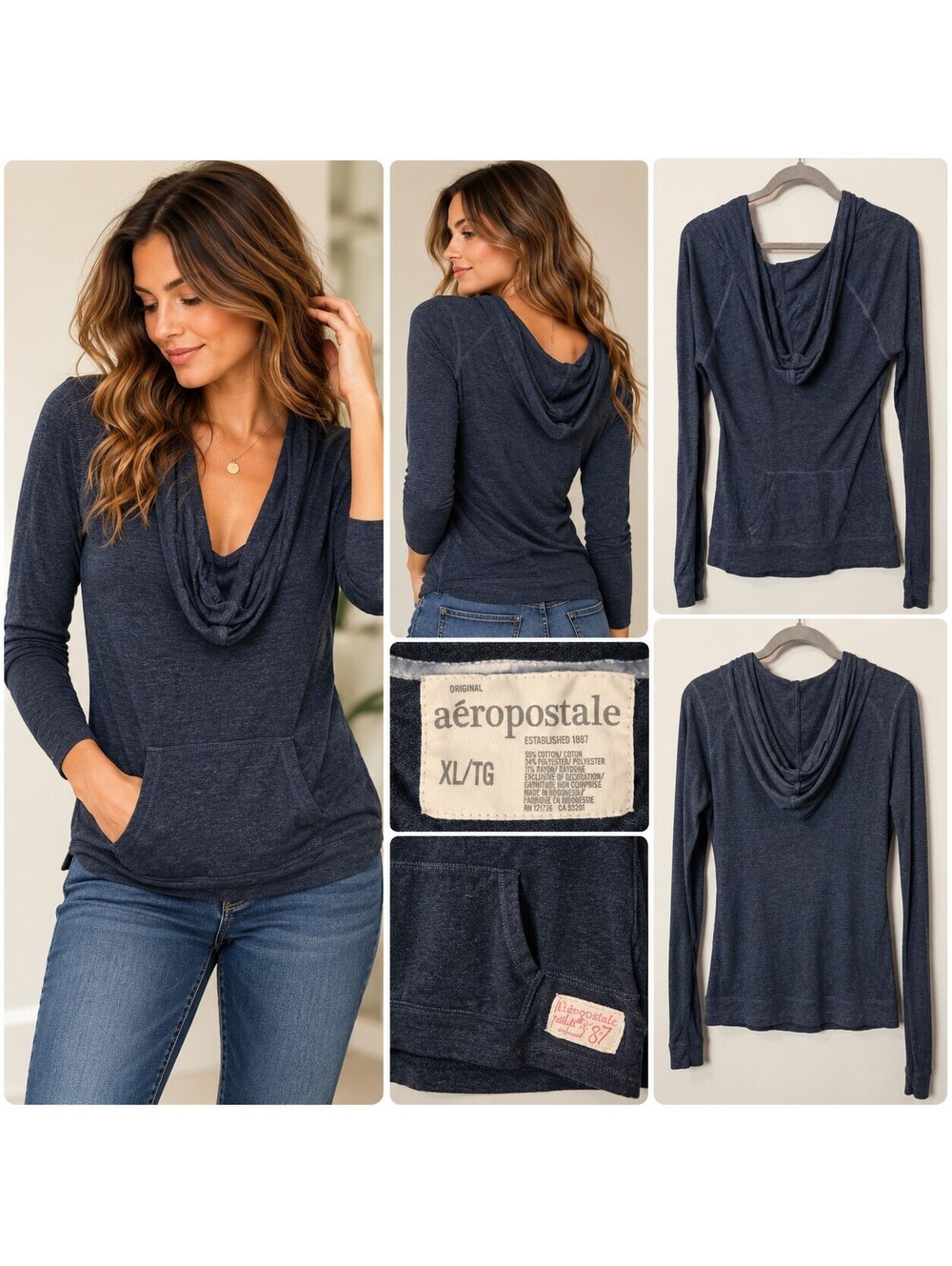 Aeropostale navy long sleeve cowl neck top size XL